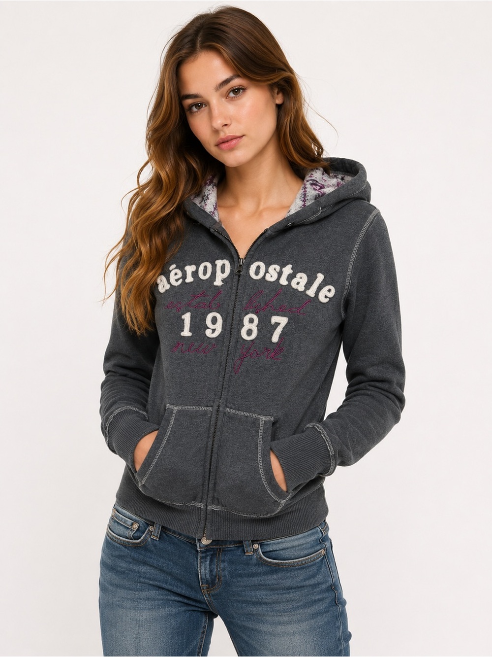 Aeropostale lined Dark Charcoal Zip-Up Hoodie with 1987 Logo